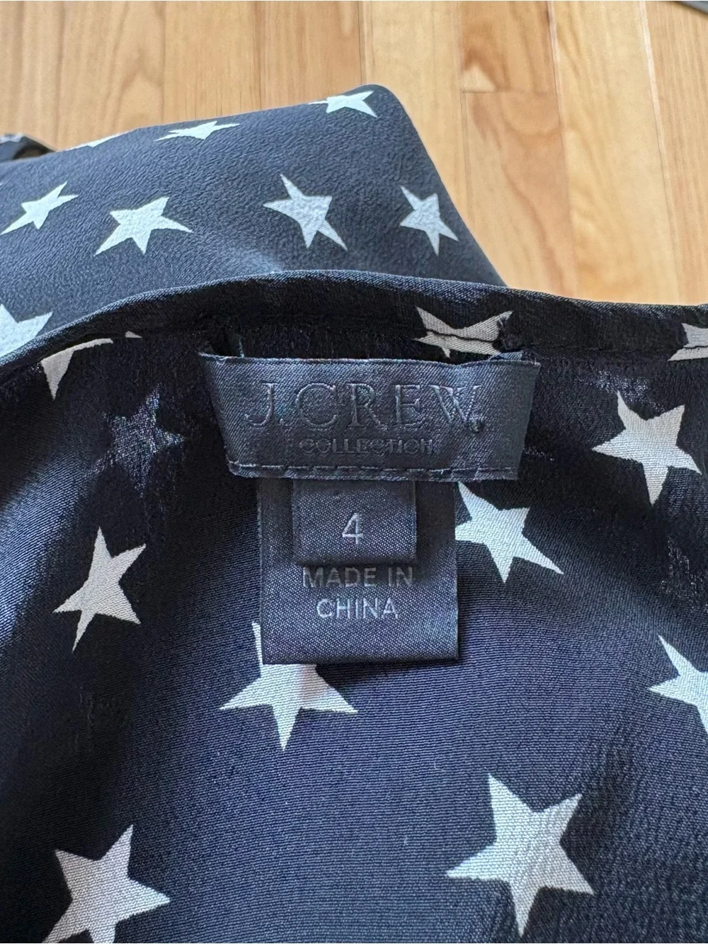 J. Crew Collection Black Silk Star Print Long Sleeve Ruffle Trim Shift Dress 4